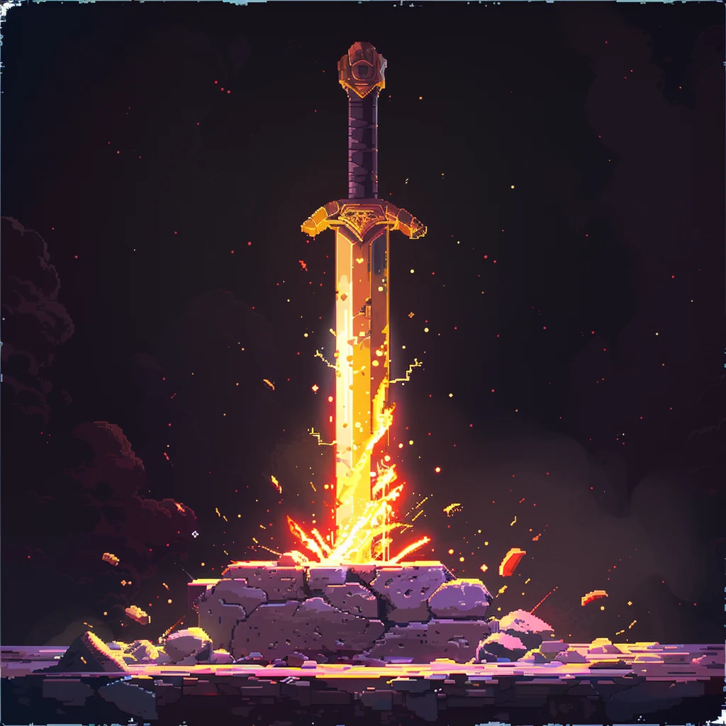 crestfall — a sword burning in cracked stone, painterly fantasy
