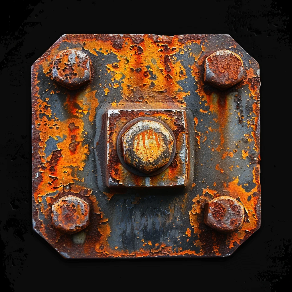 fe2o3 — close-up of a heavily oxidised iron plate, rivet detail