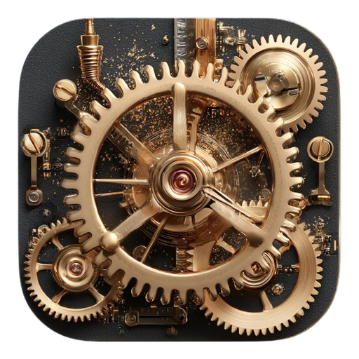 mergebench — clockmaker's gears icon, brass on walnut