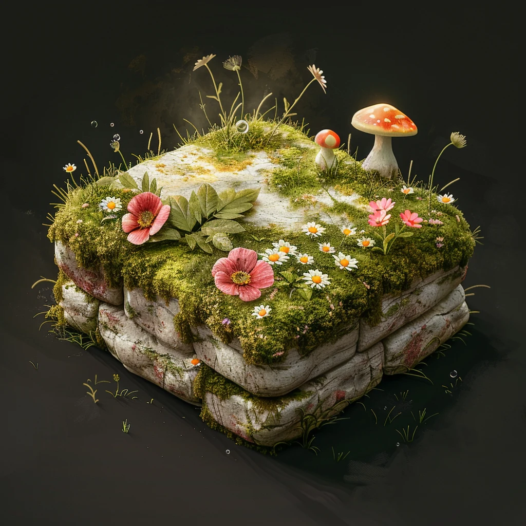 mossplots — a soft diorama of moss-covered hills with small wooden frames