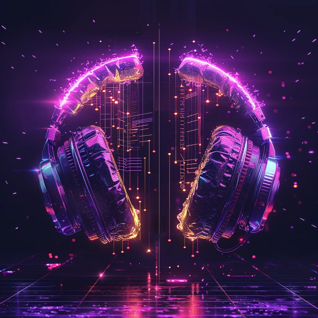 syncstrike — neon headphones over a synthwave grid horizon