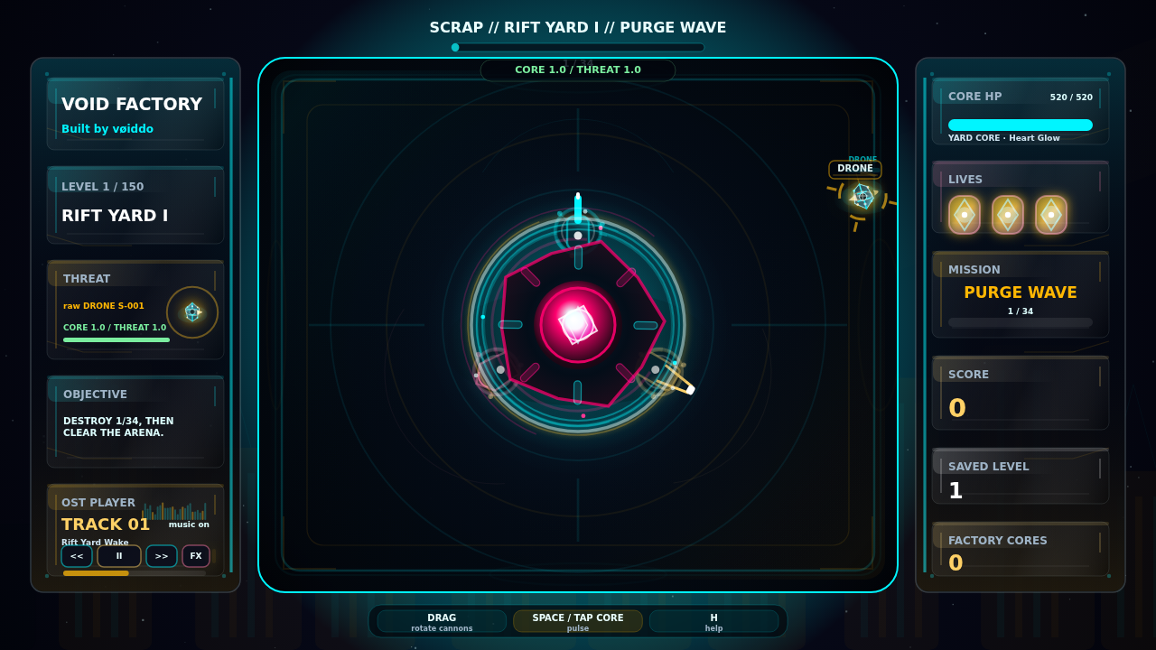 Void Factory gameplay showing the core, turret rig, enemies, target callouts, and mission HUD