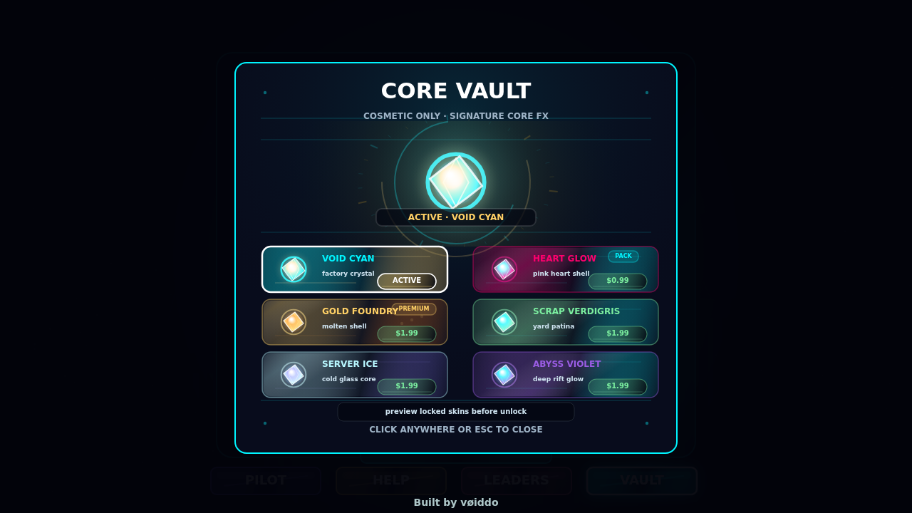 Void Factory Core Vault with cosmetic skins and upgrade-style card presentation